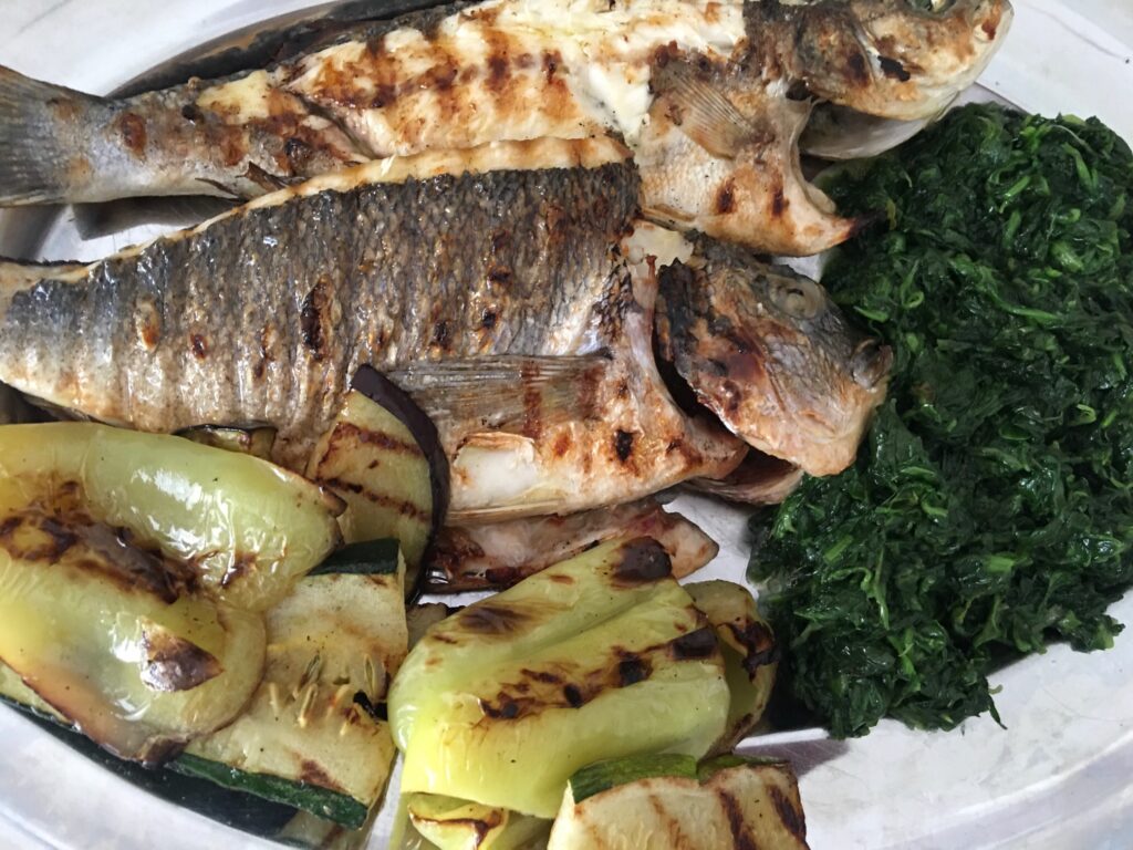 grilled fish and vegetables