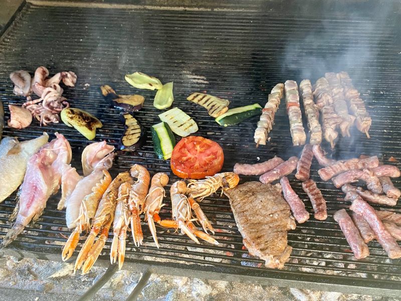 fish kebab cevapcici calamari shrimp grilled vegetables