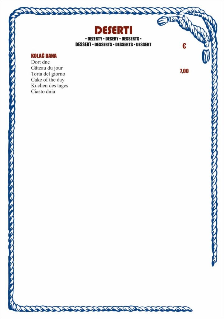 Konoba Skojera 2026. Menu
