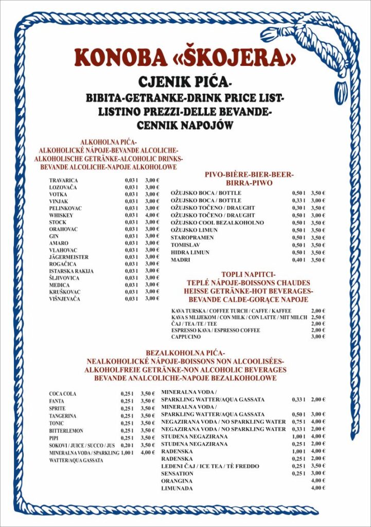 Konoba Skojera 2026. Menu 