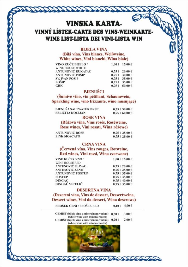 Konoba Skojera 2026. Menu