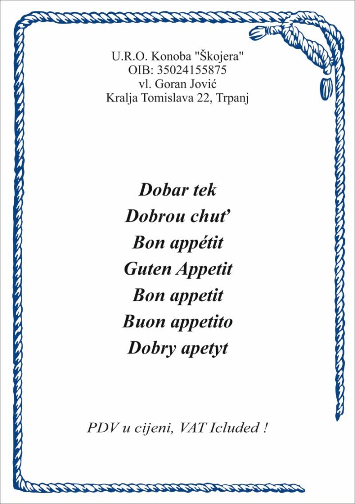 Konoba Skojera 2026. Menu