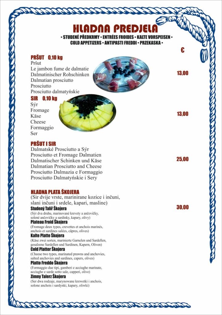 Konoba Skojera 2026. Menu