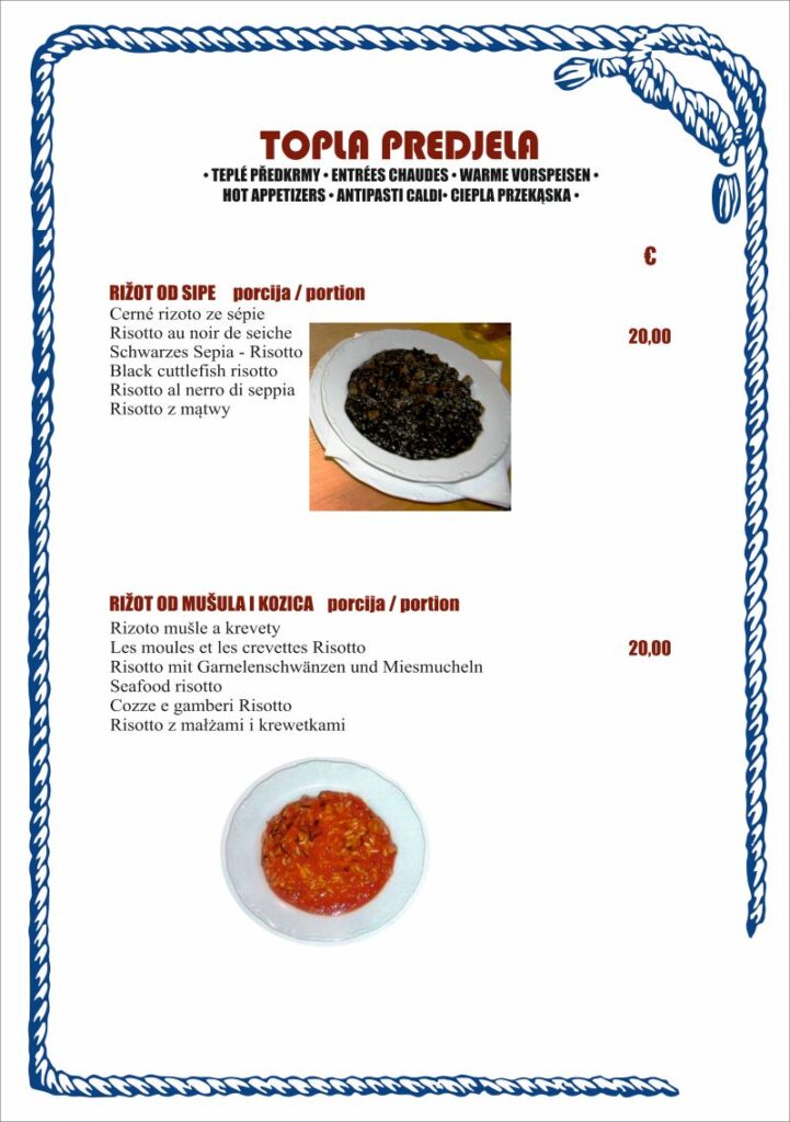 Konoba Skojera 2026. Menu