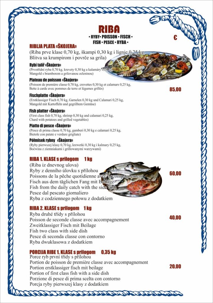 Konoba Skojera 2026. Menu