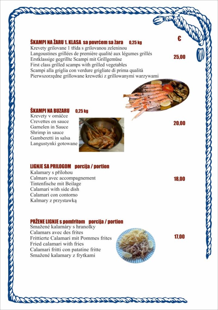 Konoba Skojera 2026. Menu
